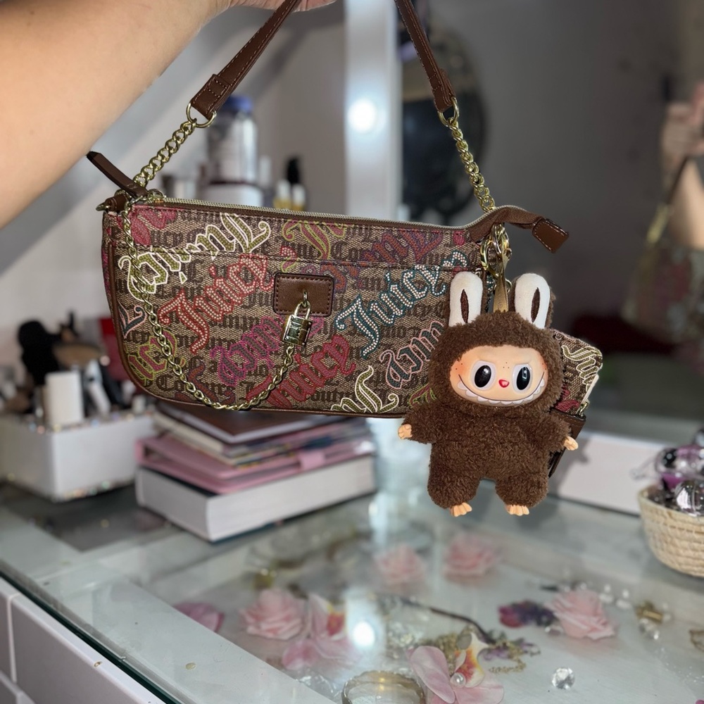 Juicy Couture Brown and Gold Shoulder Bag with Charms and wallet keychain